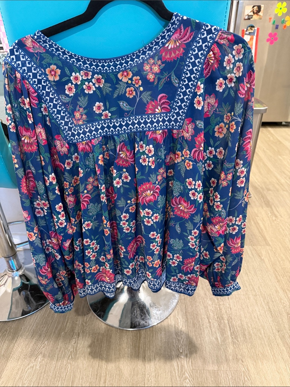 Flying Tomato Blue Floral Peasant Tunic with Pink Accents